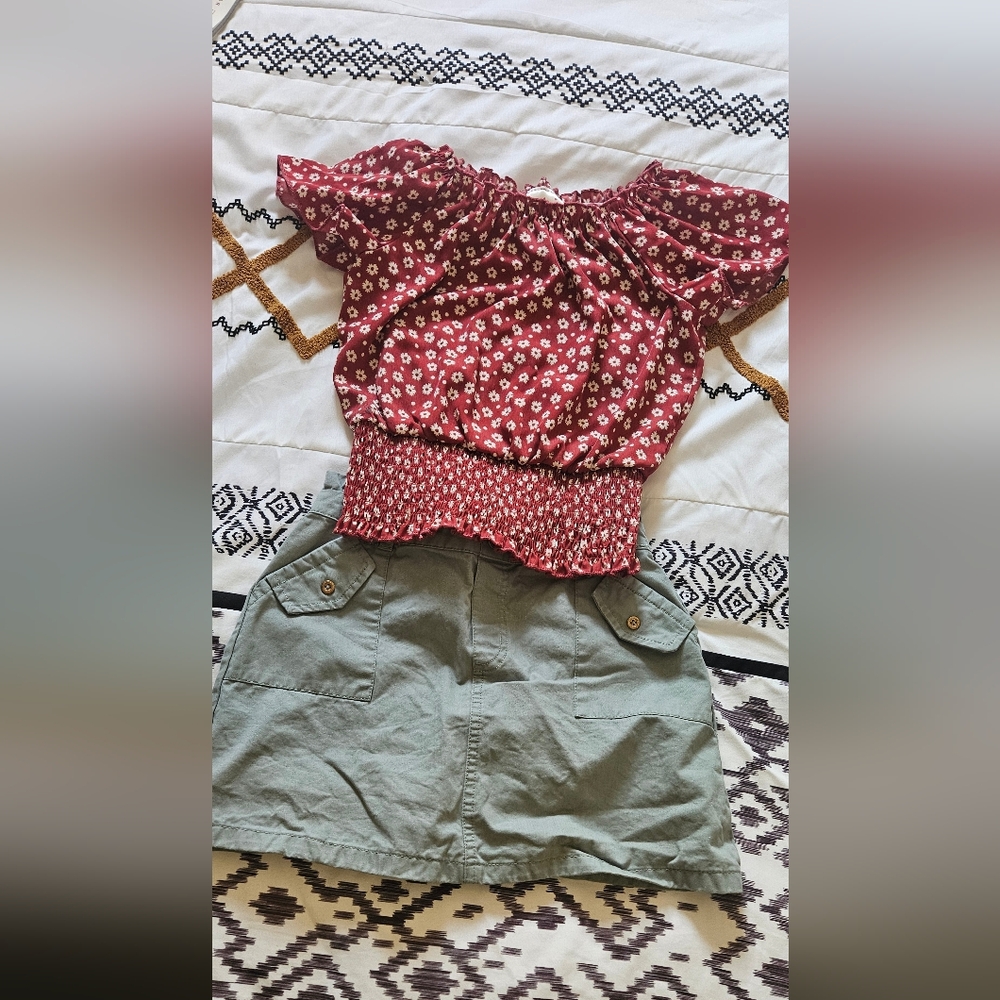 Floral Red Top and Green Skirt Set